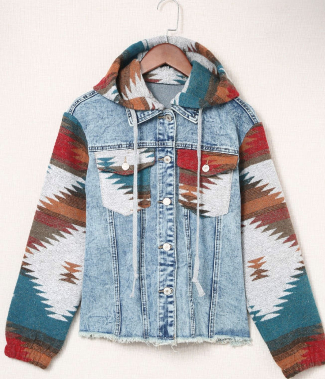 Aztec Print Frayed Denim Jacket (S-XL)