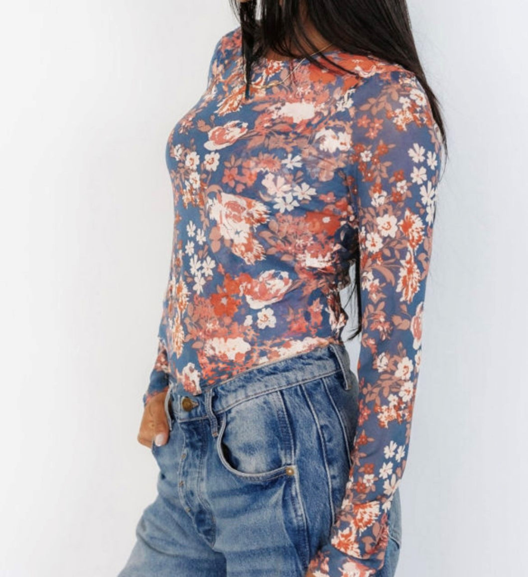 Floral Print Mesh Fitted Top