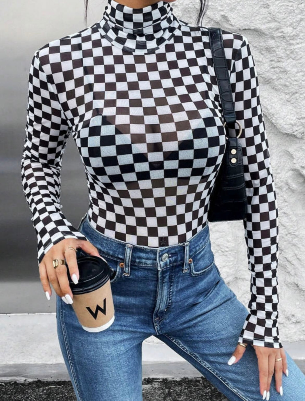 Black and White Checkered Print Mesh Bodysuit