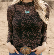 Load image into Gallery viewer, Black Western Rodeo Long Sleeve Printed Mesh Top
