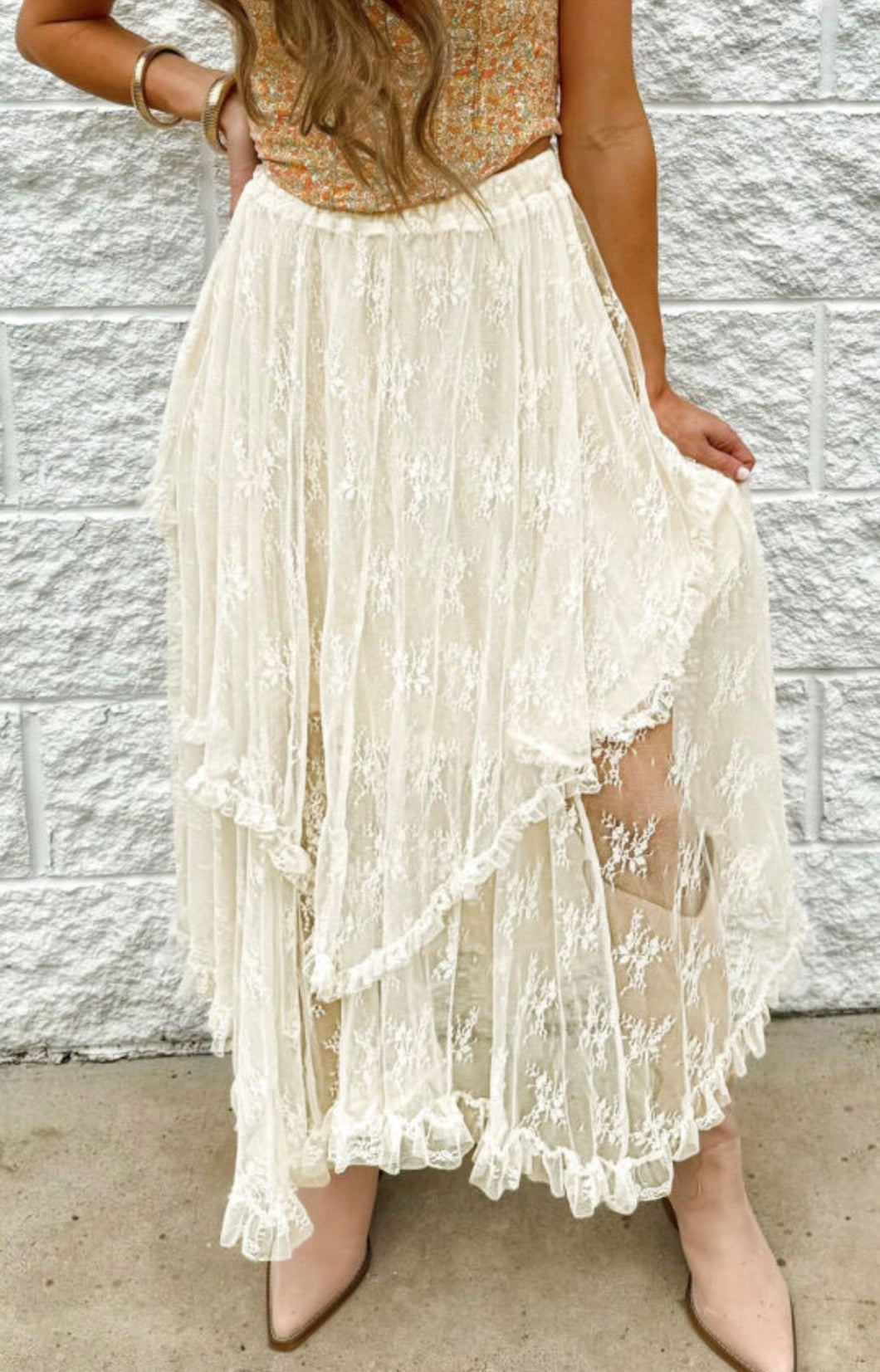 Beige Lace Tiered High Waist Maxi Skirt