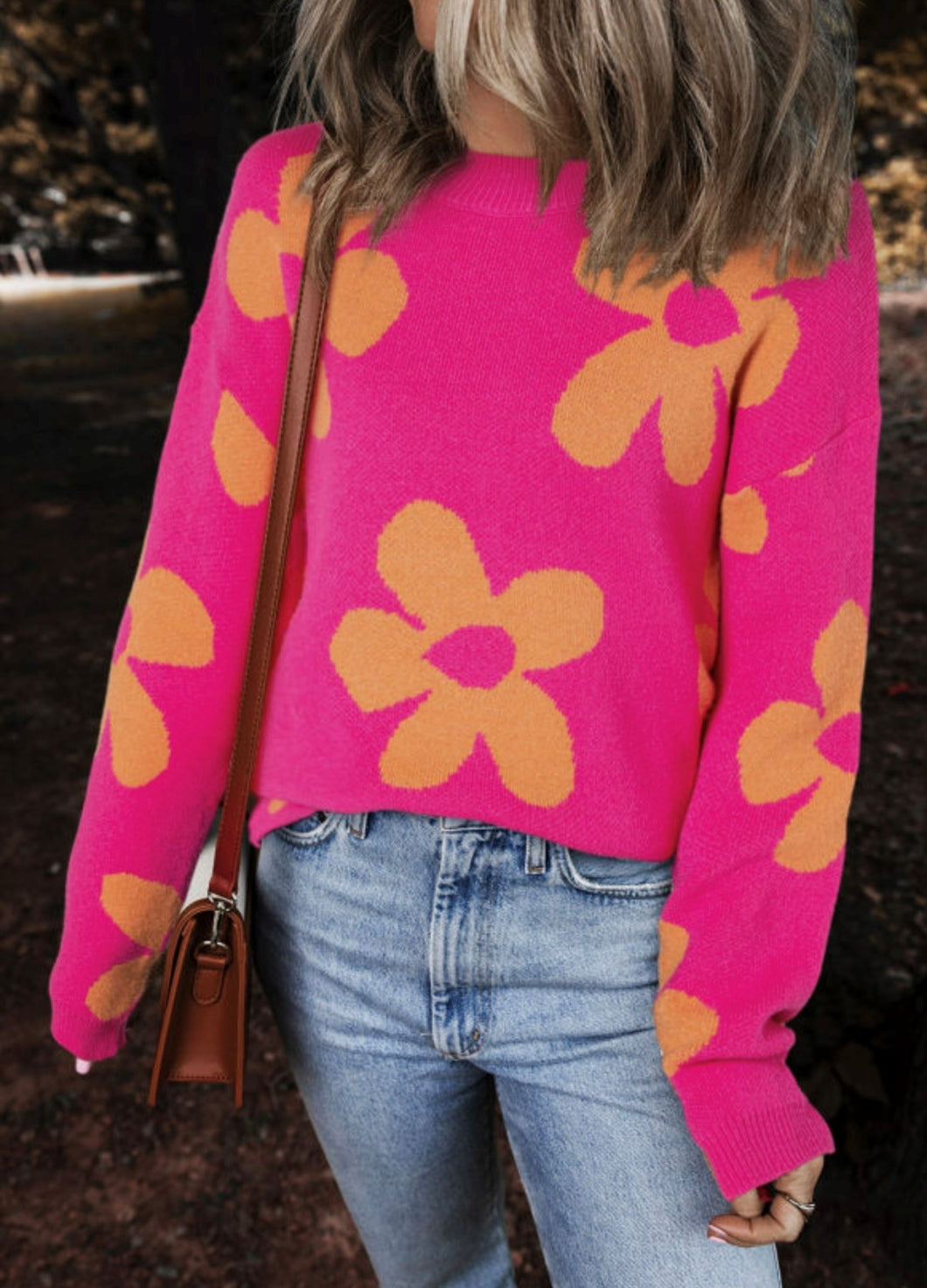 Big Flower Pattern Long Sleeve Sweater-Rose