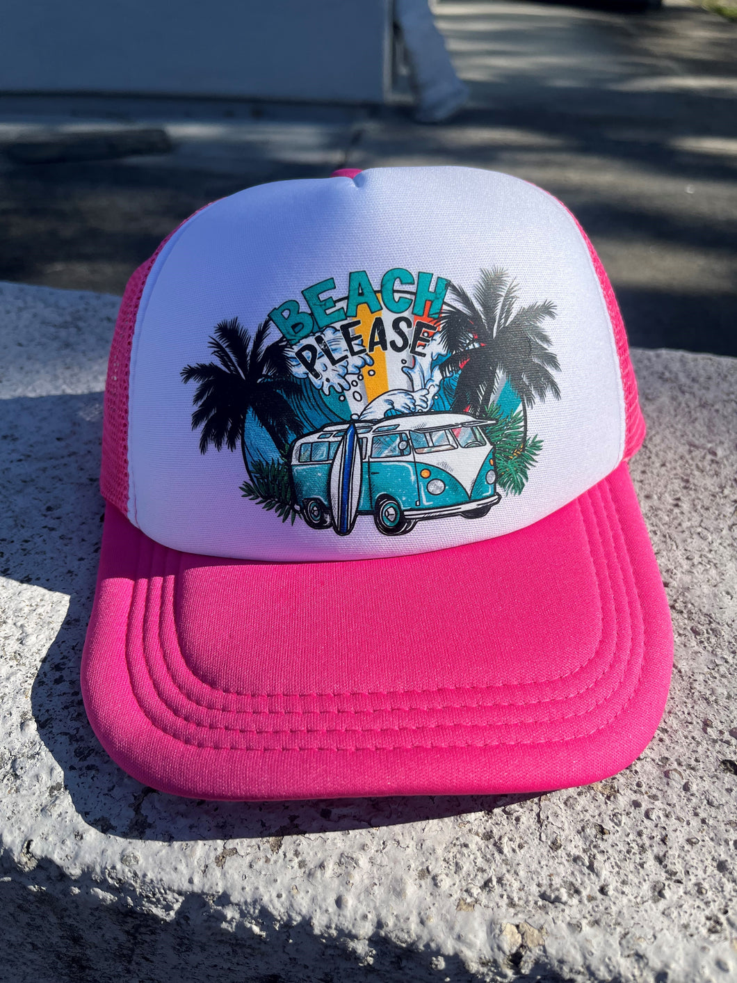 Beach Please Trucker Hat-Hot Pink