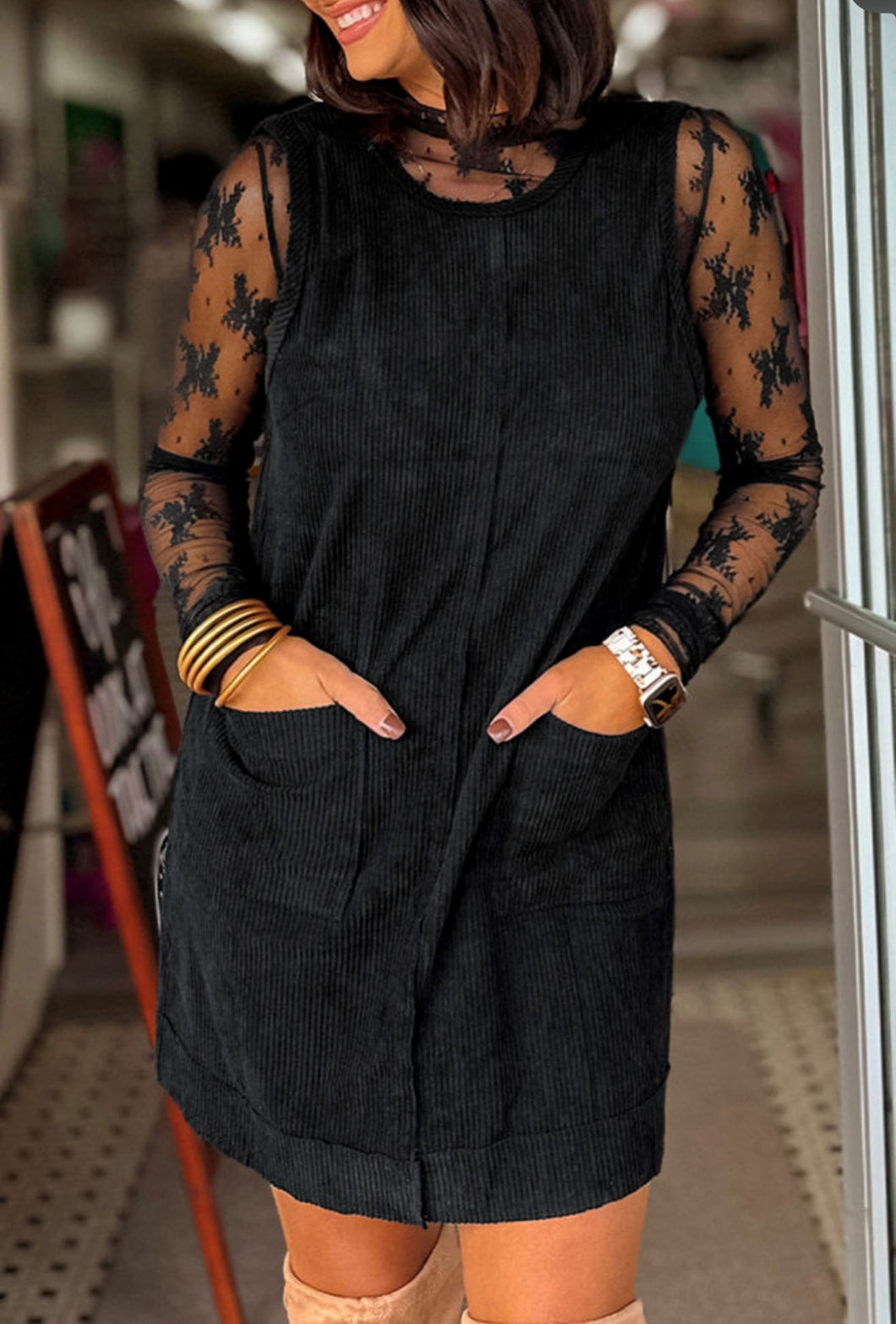 Black Corduroy Sleeveless Dress (S-XL)