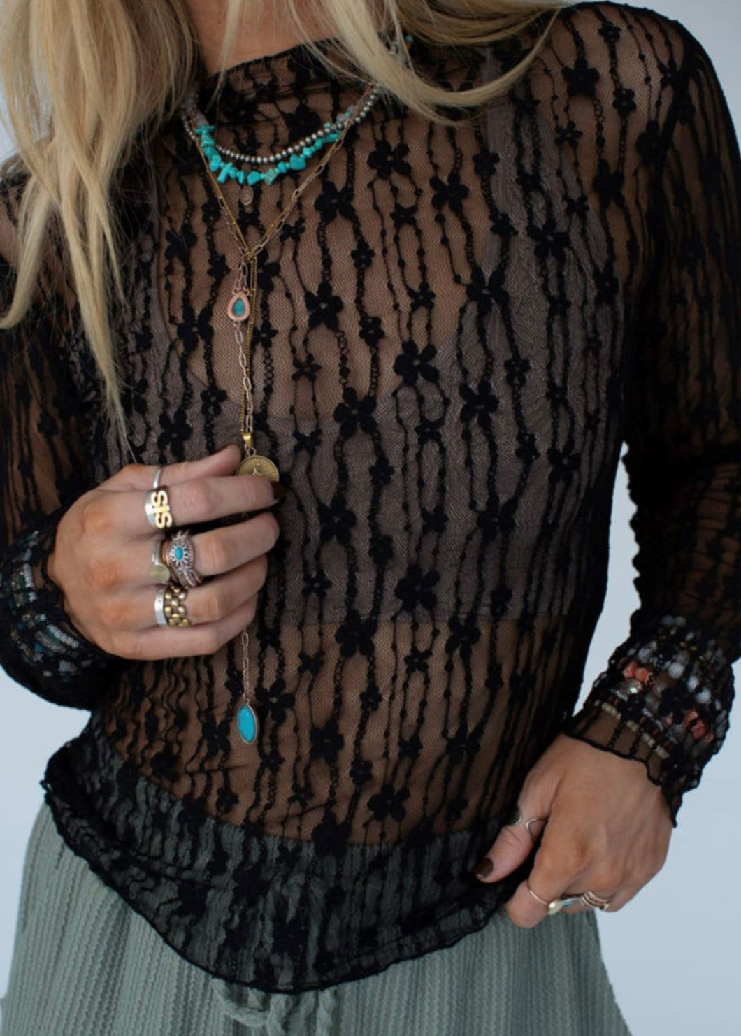 Sheer Floral Lace Long Sleeve Top-Black (S-XL)
