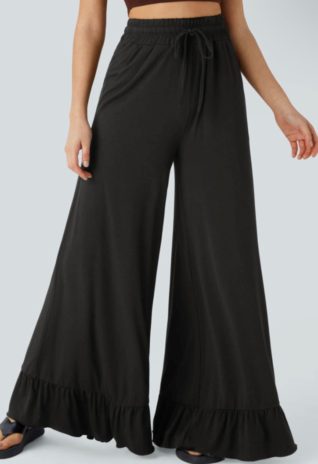 Black Ruffled Wide Leg High Waist Pants (S-XL)