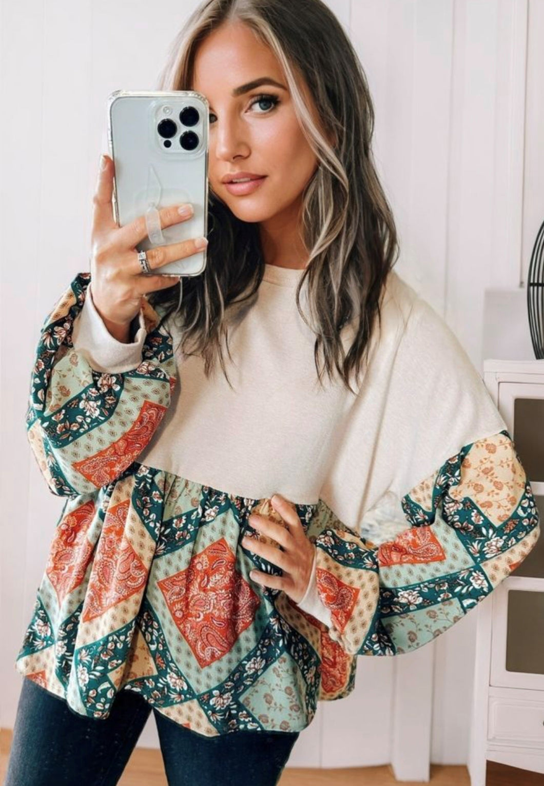 Paisley Patchwork Crew Neck Loose Fit Top (S-XL)