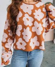 Load image into Gallery viewer, Brown Floral Pattern Crew Neck Sweater
