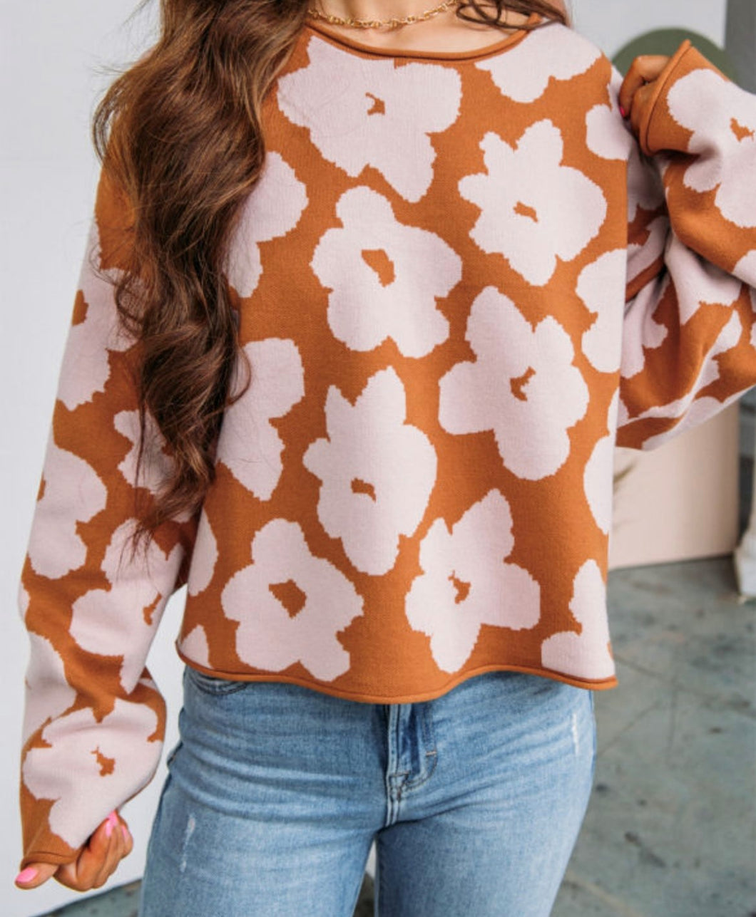 Brown Floral Pattern Crew Neck Sweater