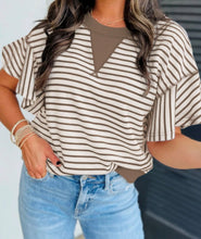 Load image into Gallery viewer, The &quot;Anna&quot; Brown Striped Ruffle Short Sleeve Top
