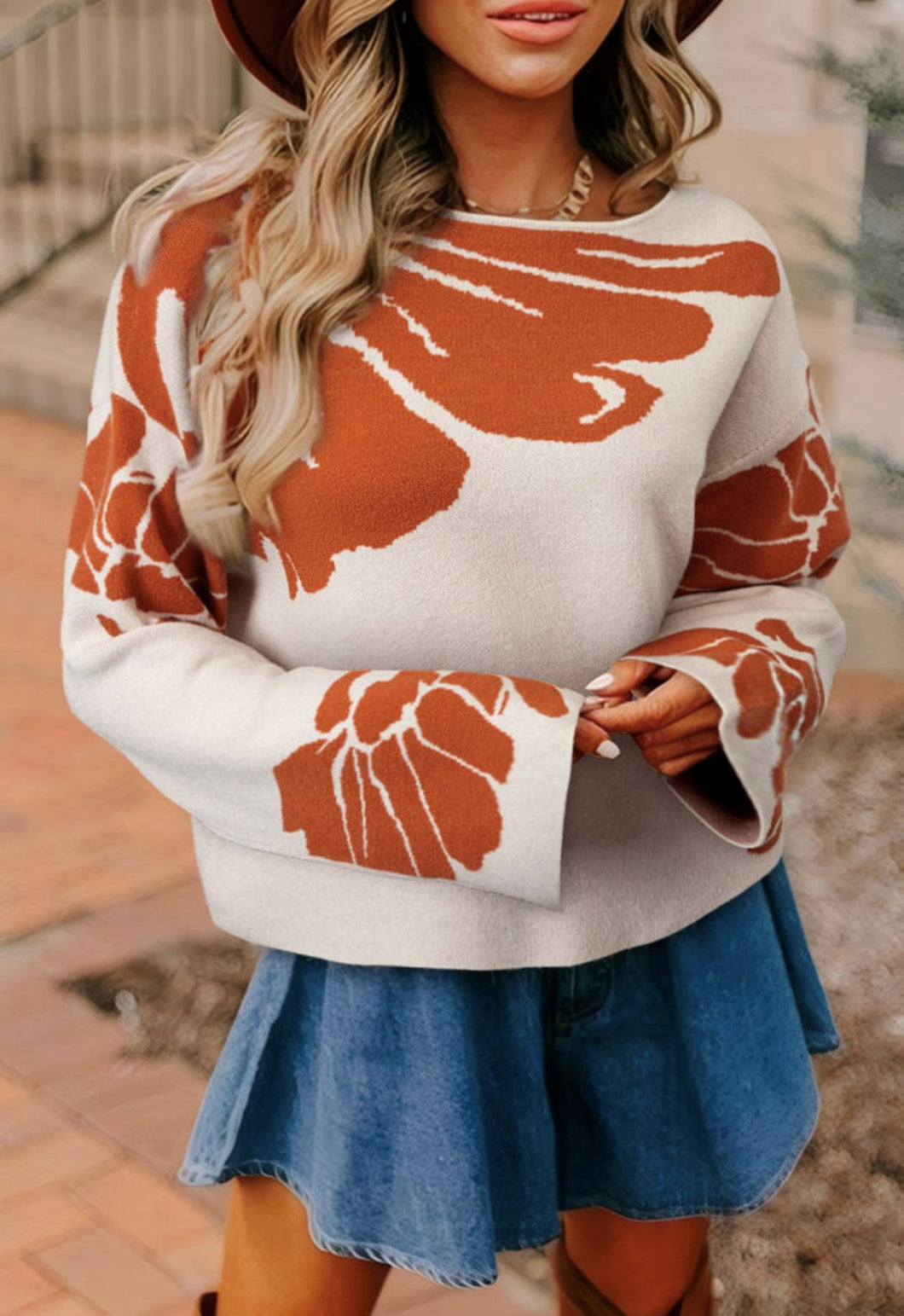 Beige Bold Flower Pattern Wide Sleeve Sweater (S-XL)