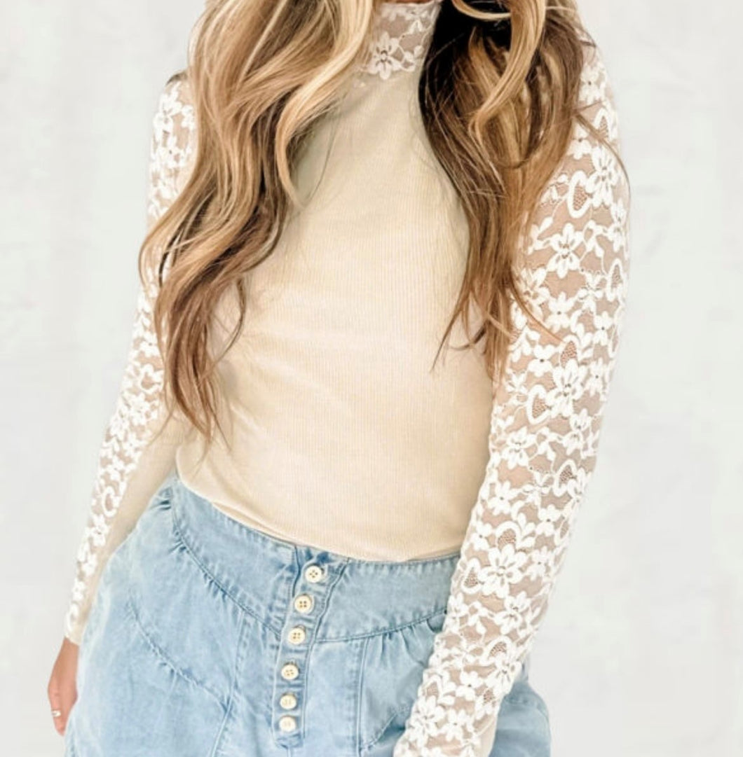 Beige Floral Lace Long Sleeve High Neck Top