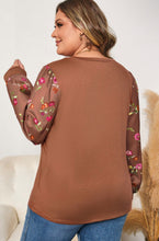 Load image into Gallery viewer, CURVY Brown Floral Sleeve Round Neck Blouse (1X-3X)
