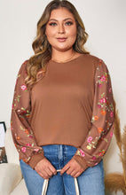 Load image into Gallery viewer, CURVY Brown Floral Sleeve Round Neck Blouse (1X-3X)
