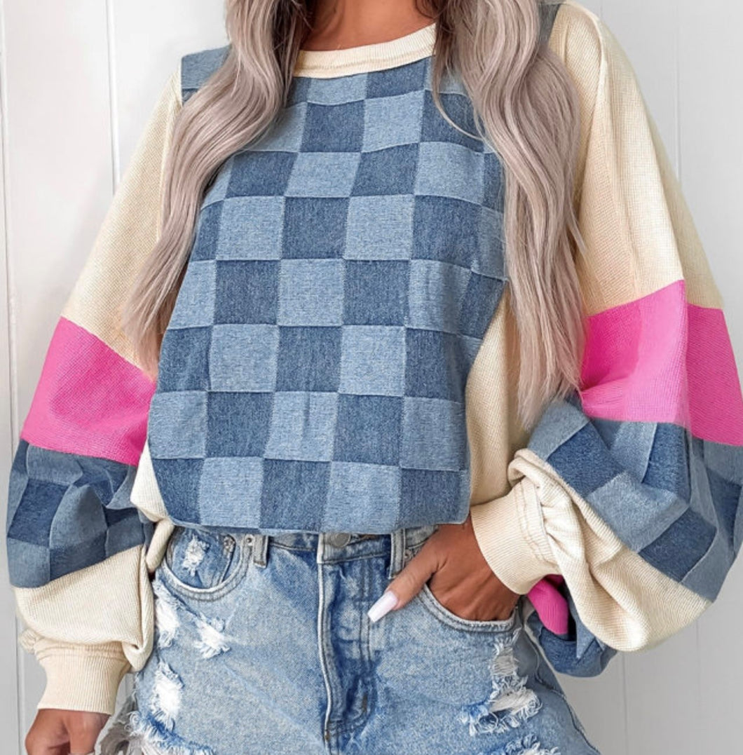 Oversized Checkered Denim Exposed Sweatshirt (S-XL)