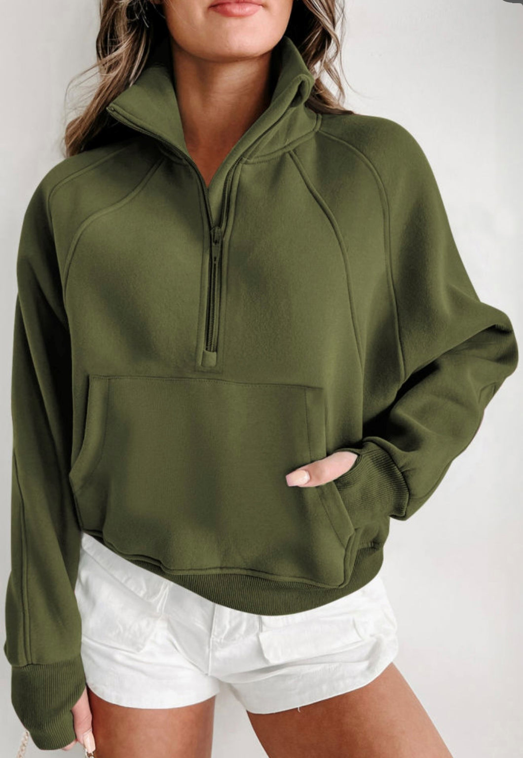 Olive Green Fleeced Lined Half Zip Up Pullover (M-2X)