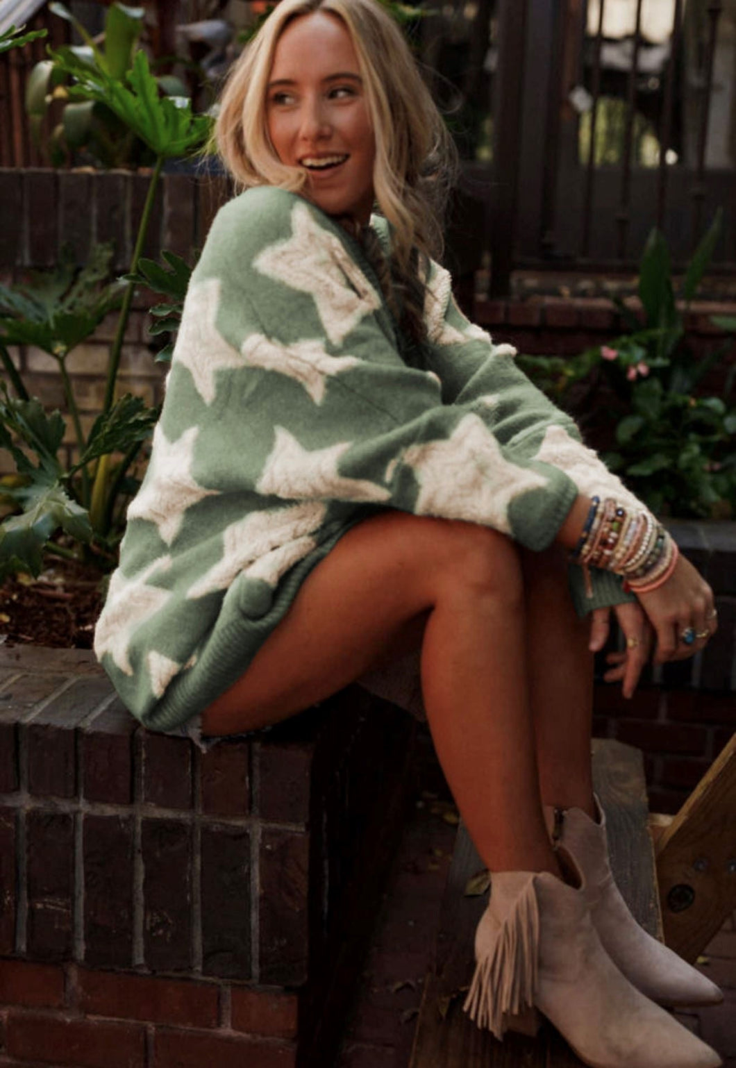 Green Sherpa Star Pattern Textured Sweater Cardigan (S-XL)