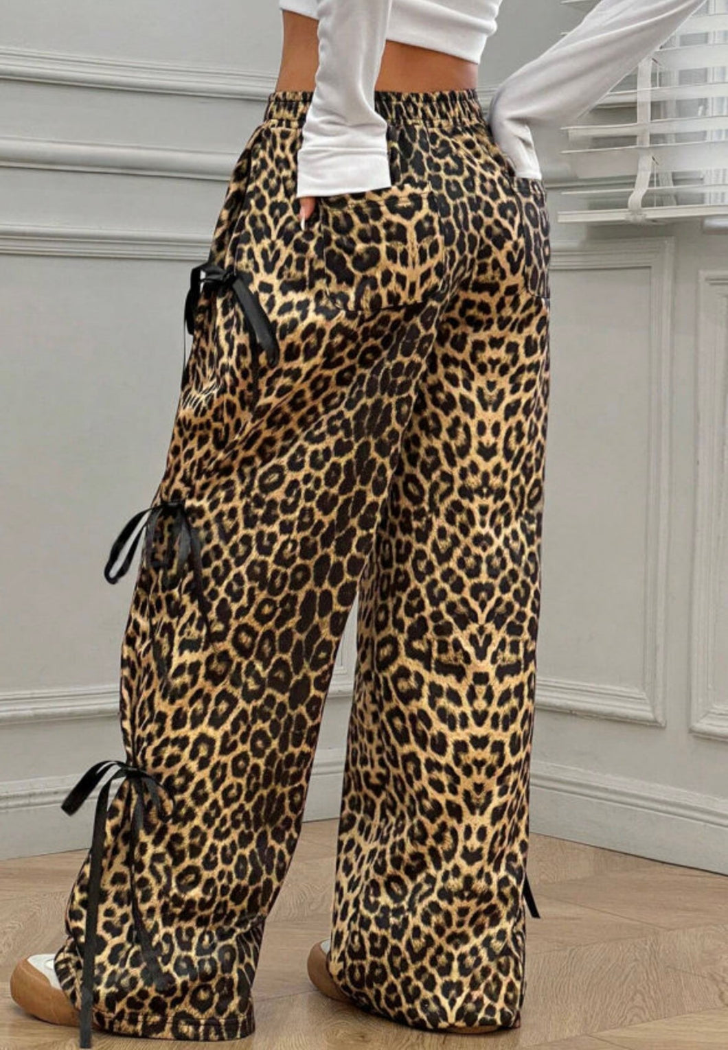 Leopard Print Bow Tie Elastic Waist Pants