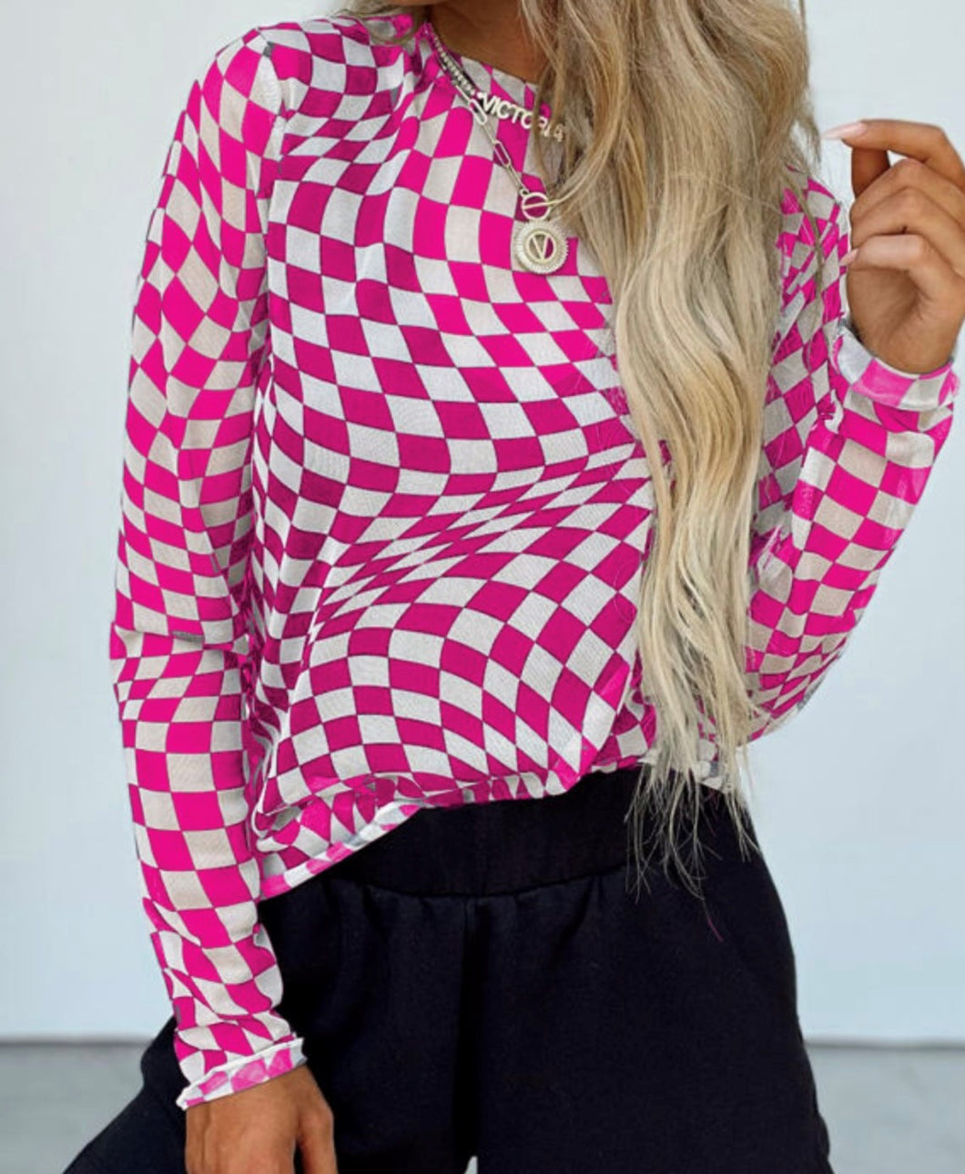 Pink and White Checkered Mesh Top