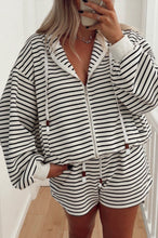 Load image into Gallery viewer, Black + White Striped Zip Up Hoodie Short Set (S-XL)
