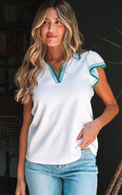 Load image into Gallery viewer, The &quot;Carley&quot; White Color Contrast Ruffled Sleeve Collared V Neck Top
